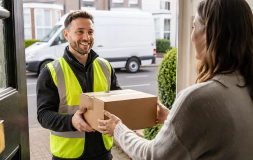 Delivery handing a customer their package