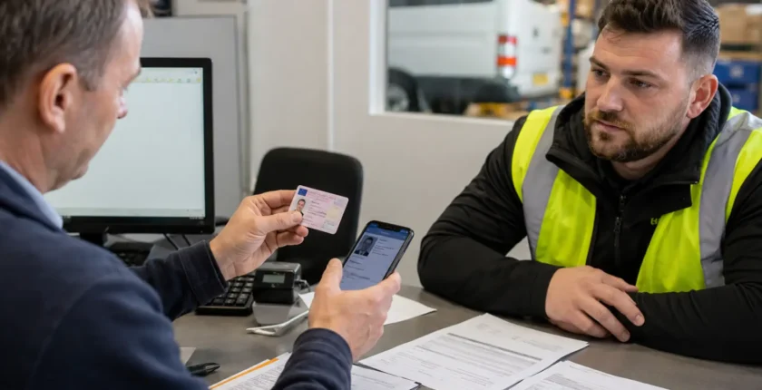 Employer checking a driver's license