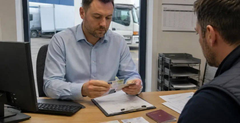 Employer and potential employee sitting at a desk, employer assessing driving documents.