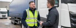 Two drivers talking, outside of a van