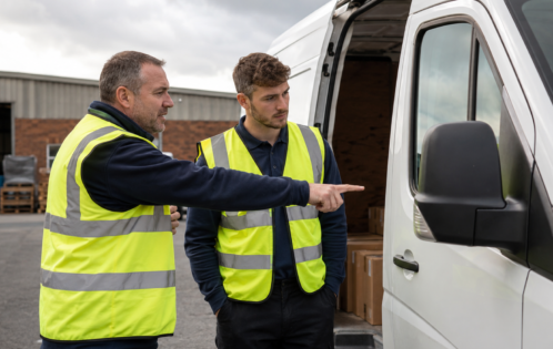 Employer showing a driver a van, pointing at it