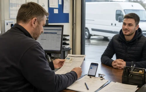 Employer reviewing drive job with potential employee