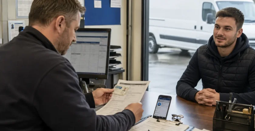 Employer reviewing drive job with potential employee