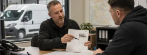 Employer pointing at job application, with employee
