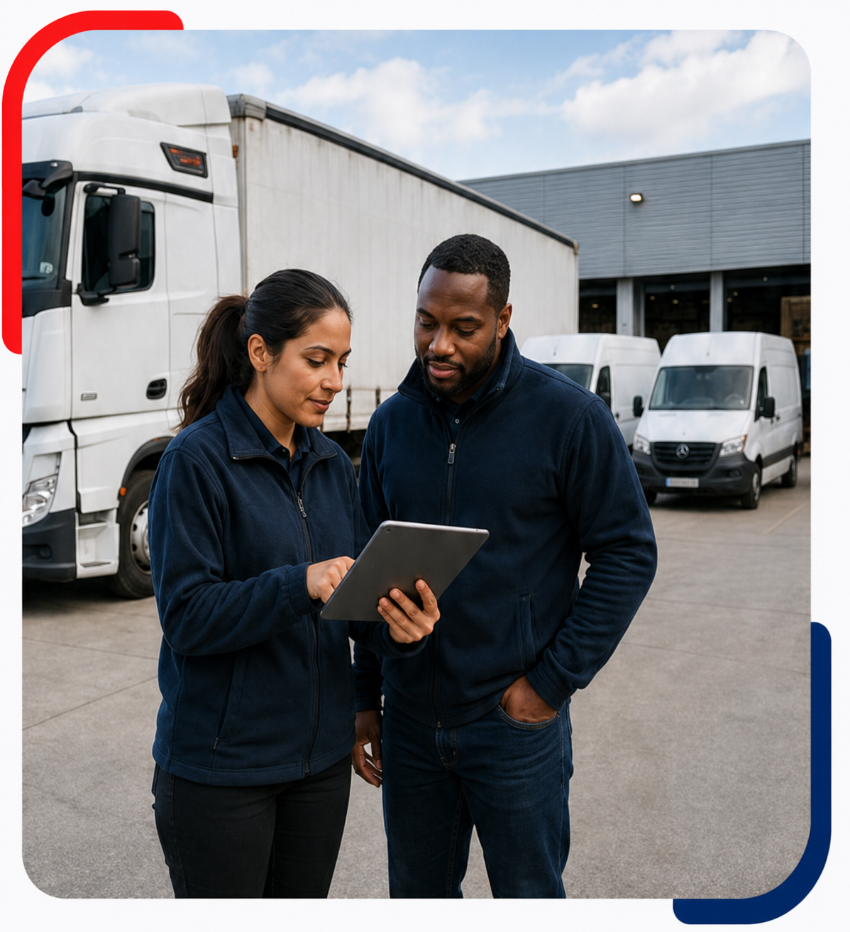 Two transport professionals reviewing driver recruitment details on a tablet