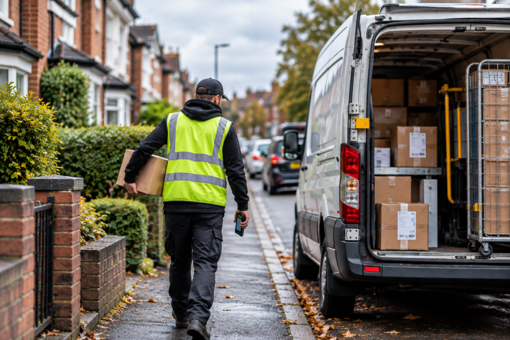 Delivery driver with van on a UK residential street