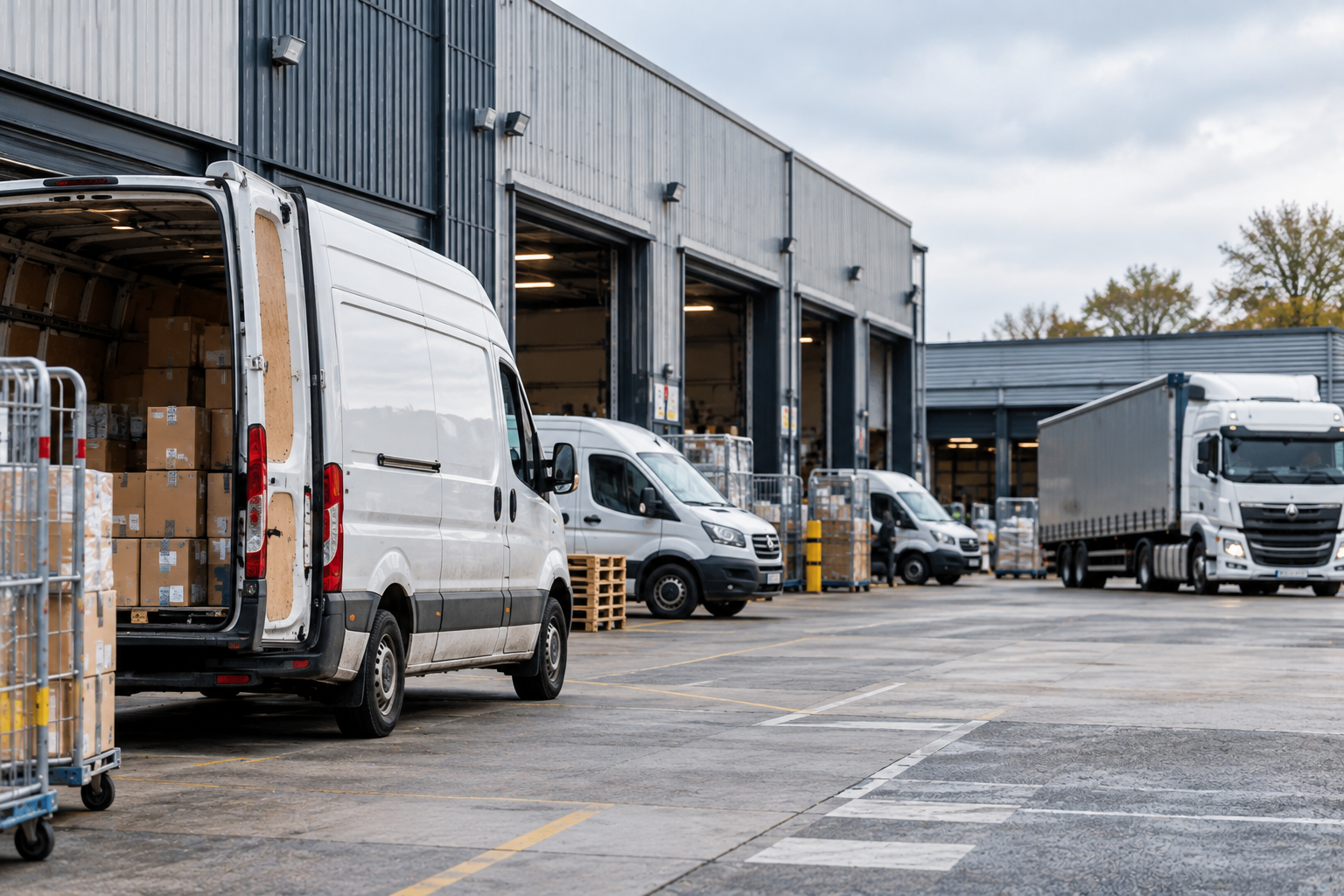 Delivery vans and HGV at a UK logistics depot